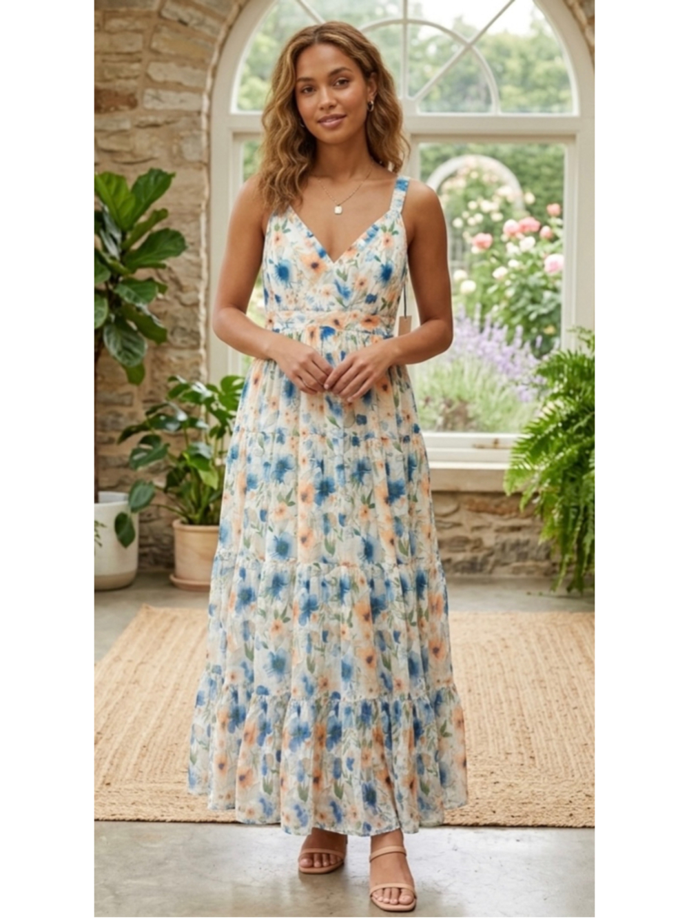 Penelope Rose Peach & Blue Floral Tiered Maxi Dress EUC Size? READ